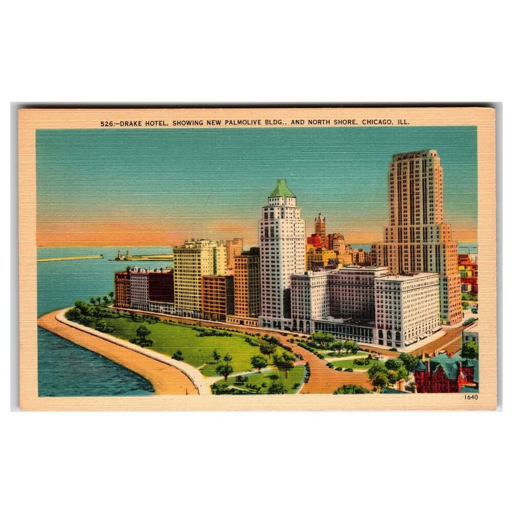 Vintage Drake Hotel Palmolive Building North Shore Chicago IL Linen Postcard